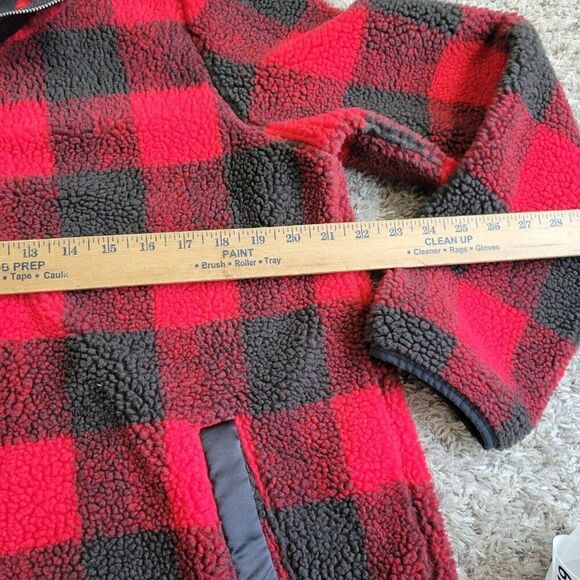 Abercrombie Fitch Jacket Pullover Mens Medium Red Gray Sherpa 1/4 Zip Mock Plaid - Picture 3 of 6